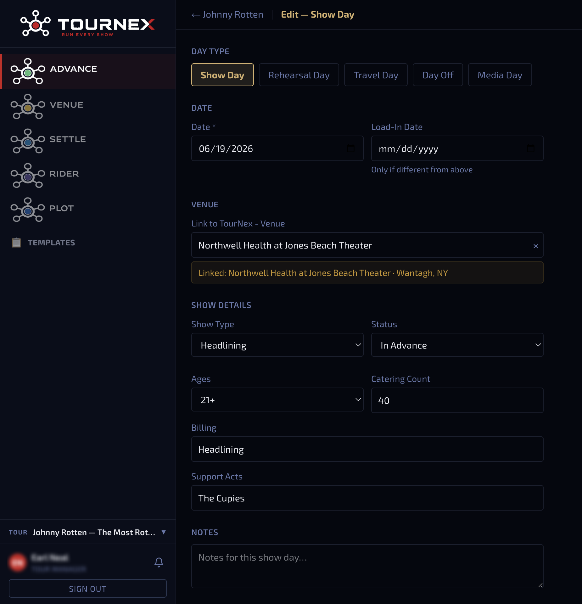 TourNex Advance — Show day edit